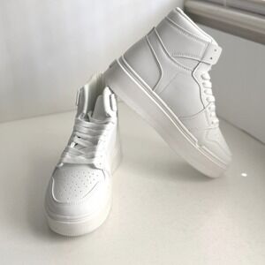 White High Top Platform Sneakers Chunky Sole Lace Up Faux Leather Sz 6